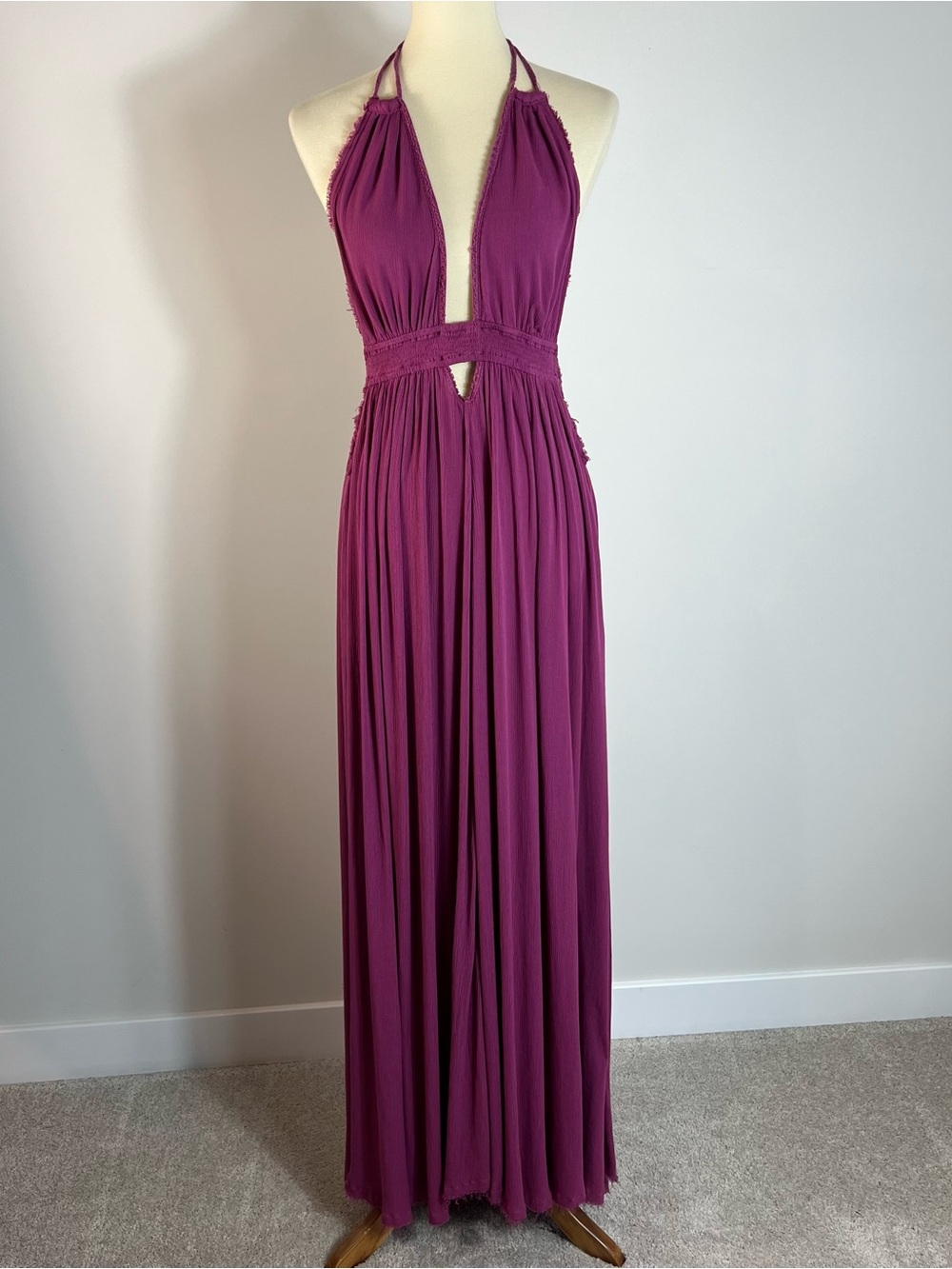 Free People Look Into The Sun Goddess Maxi Grape Escape Raw Edge Halter Dress M